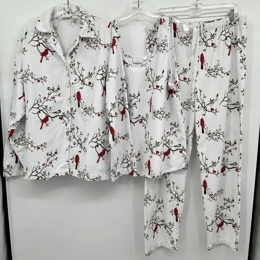 Vermont County Store Flannel Pajamas Size XL 1X‎ Birds 3 Piece Set Snow Cardinal